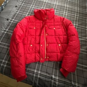 J Crew Cropped Signature Red Puffer Jacket with Gold Accents
